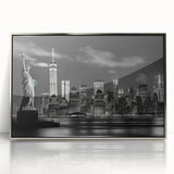 Mid-century modernist New York City skyline in muted silver tones on framed acrylic, suitable for modern art wall decor.