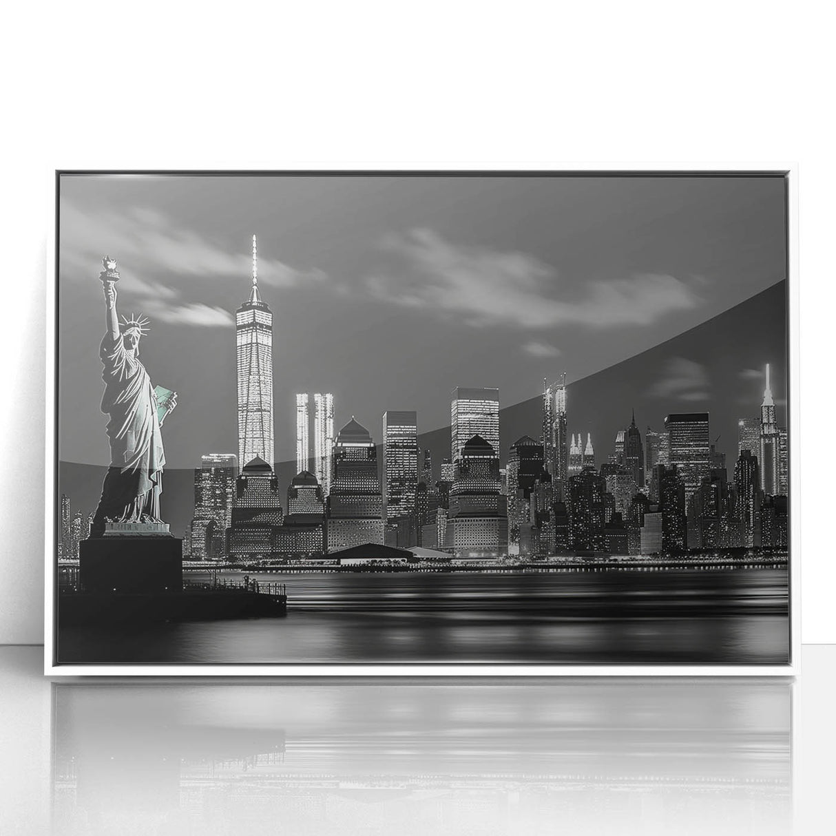 Modern art wall decor featuring a monochrome New York City skyline on a white acrylic framed poster.