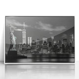 Modern art wall decor featuring a monochrome New York City skyline on a white acrylic framed poster.