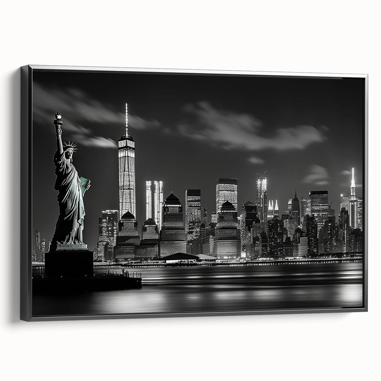 Black and white framed canvas of New York City skyline, ideal for bedroom wall decor.
