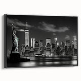 Black and white framed canvas of New York City skyline, ideal for bedroom wall decor.