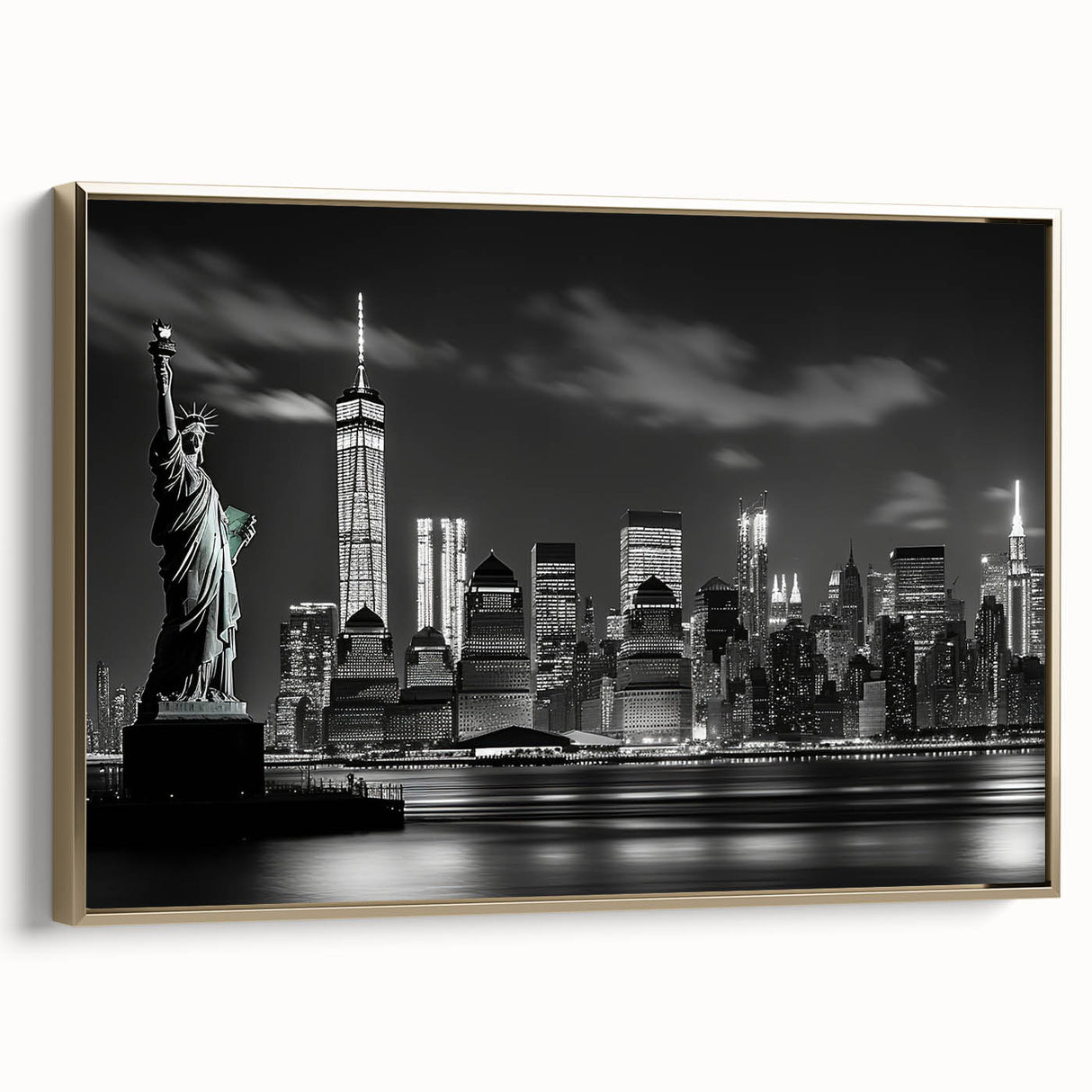 Framed canvas of NYC Rockefeller landscape in black and gold, ideal for bedroom wall art.