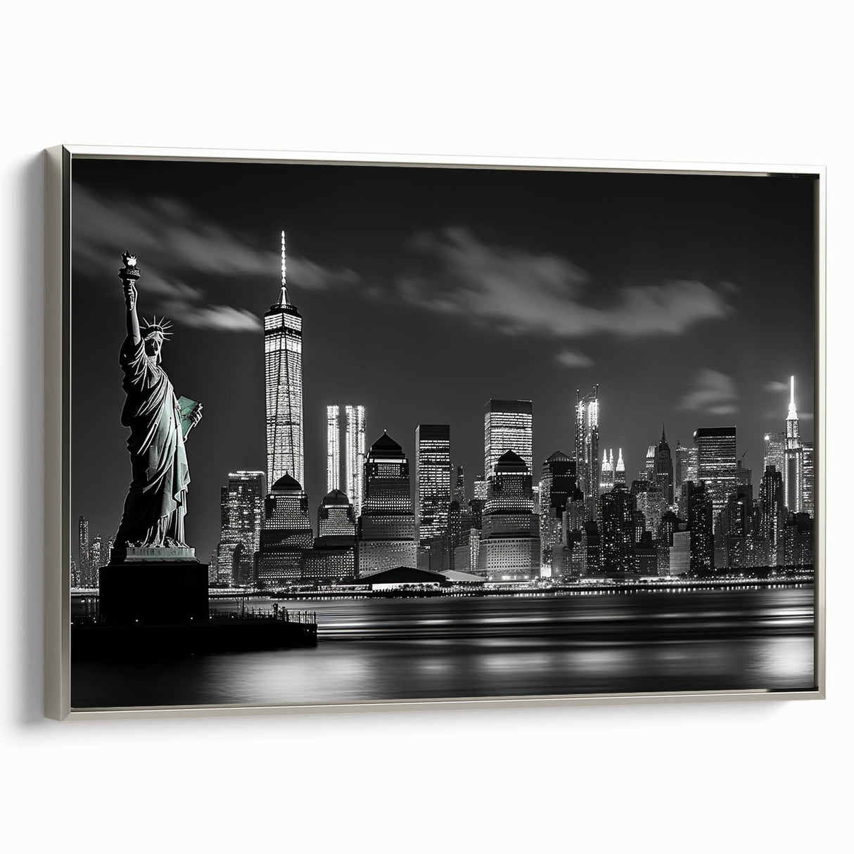 Landscape art painting of NYC Rockefeller center in muted grays with colorful accents on a framed canvas.