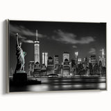Landscape art painting of NYC Rockefeller center in muted grays with colorful accents on a framed canvas.