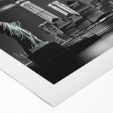 Art deco poster of New York City skyline in monochrome tones, printed on rolled canvas, suitable for dining room wall art.