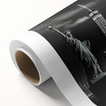 Art deco poster of Rockefeller Center in muted gray and blue tones on rolled canvas, ideal for nursery wall art.