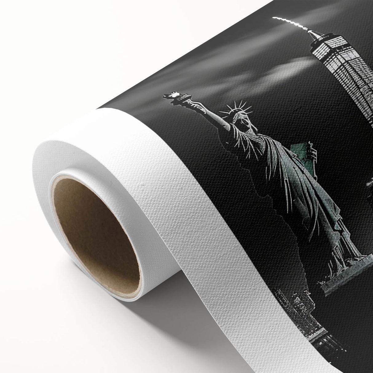 Art deco poster of Rockefeller Center in muted gray and blue tones on rolled canvas, ideal for nursery wall art.