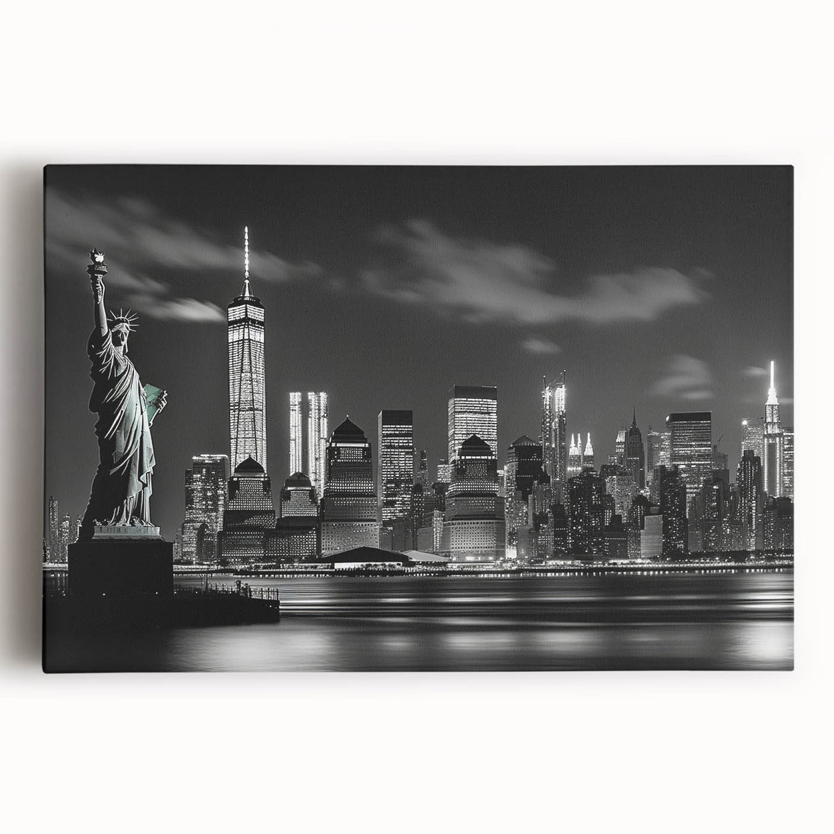 Black and white photo of the New York City skyline on large stretched canvas, suitable for kitchen wall art.