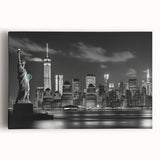 Black and white photo of the New York City skyline on large stretched canvas, suitable for kitchen wall art.