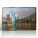 Acrylic print of the Statue of Liberty in gold tones, framed, ideal for modern art wall decor.
