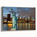 Framed canvas of the New York City skyline featuring the Statue of Liberty in muted black and gray tones.