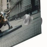 Large abstract depiction of NYC skyline in muted gray and blue tones on acrylic glass, ideal for dining room art.