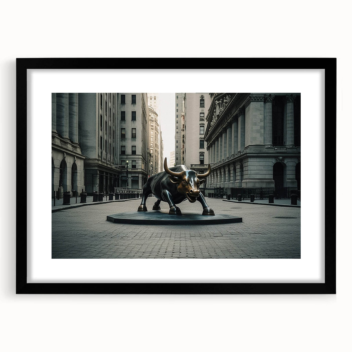 Extra large abstract art print of colorful, textured New York City skyline, framed in black, ideal for living room decor.
