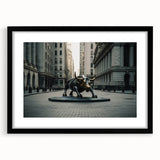 Extra large abstract art print of colorful, textured New York City skyline, framed in black, ideal for living room decor.
