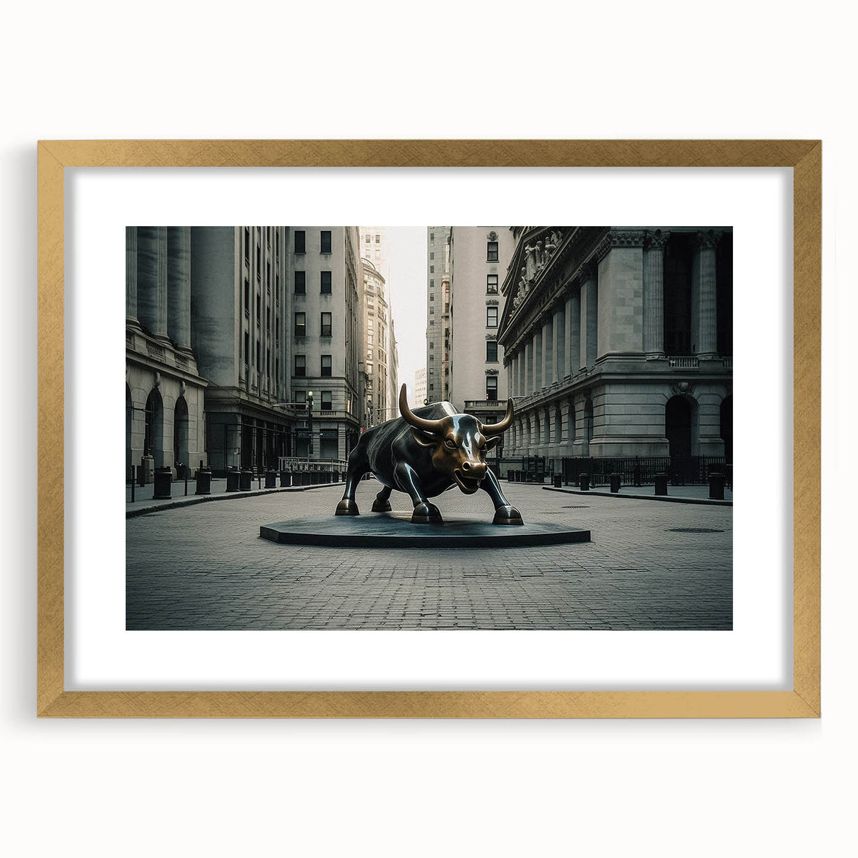 Extra large abstract art print of New York City skyline in textured gold frame, ideal for living room decor.