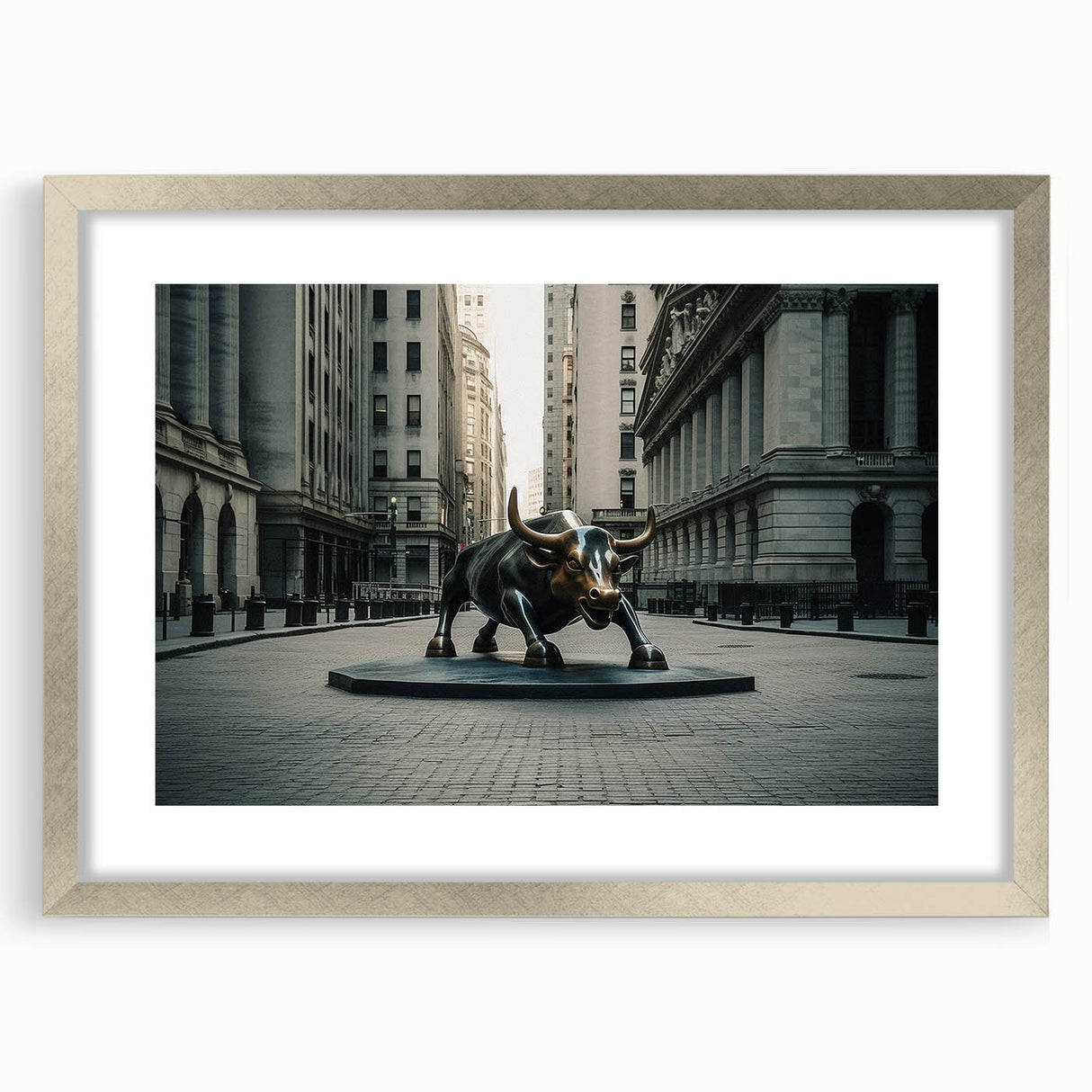 Textured abstract art print of New York City in muted gray tones, framed with a silver mat, ideal for bedroom art.
