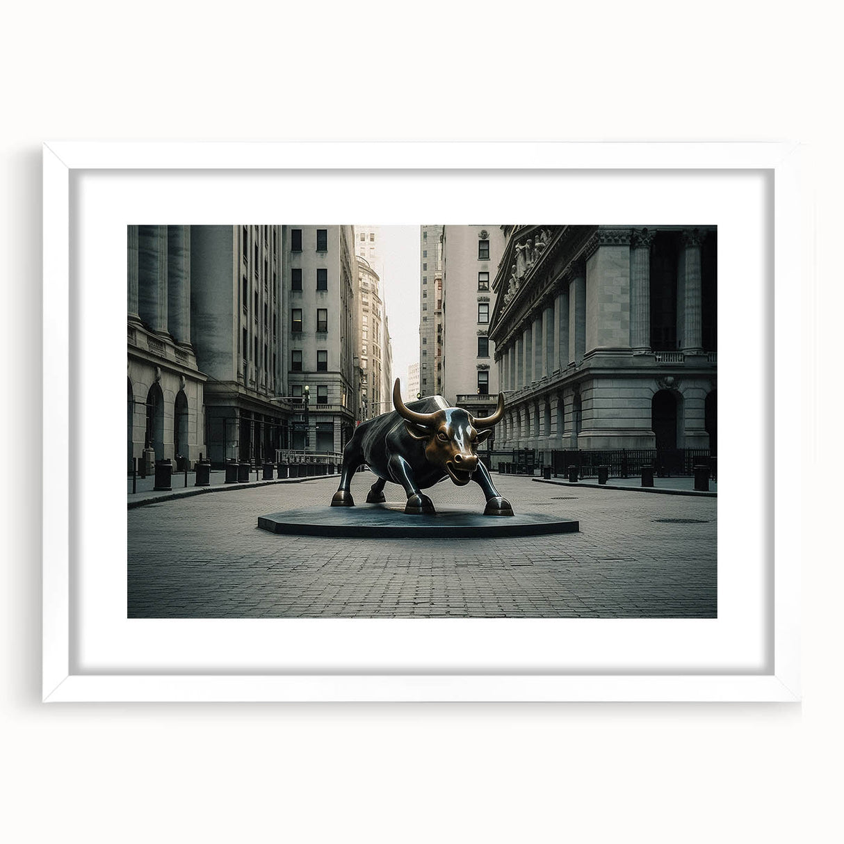 Abstract art print of New York City skyline in muted gray and blue tones on a framed white mat, ideal for dining room decor.