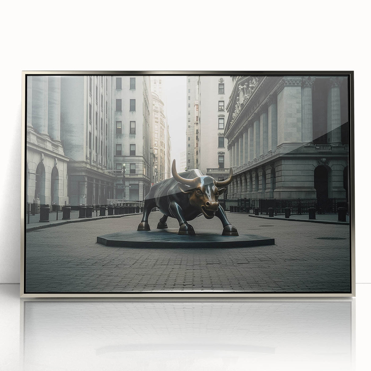 Mid-century modernist art depicting the New York City skyline in muted gray tones on a silver-framed acrylic print.