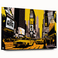 Mid-century modernist art of Times Square in muted colors on large acrylic glass, ideal for dining room art.