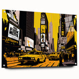Mid-century modernist art of Times Square in muted colors on large acrylic glass, ideal for dining room art.