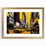 Extra large wall art of an abstract New York City Times Square scene in vibrant colors, framed with a gold mat.