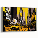 Framed canvas of vintage Times Square landscape with colorful art on a black background, ideal for living room decor.