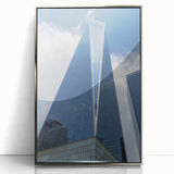 Mid-century modernist art depicting the NYC skyline in muted gray and blue tones.