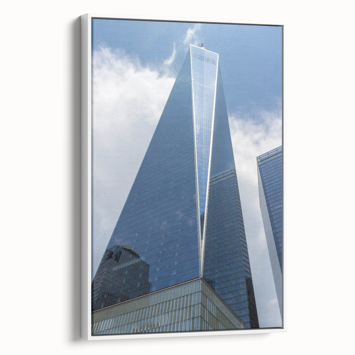 Vintage poster art of NYC Trade Center in colorful palette on white framed canvas, ideal for living room decor.