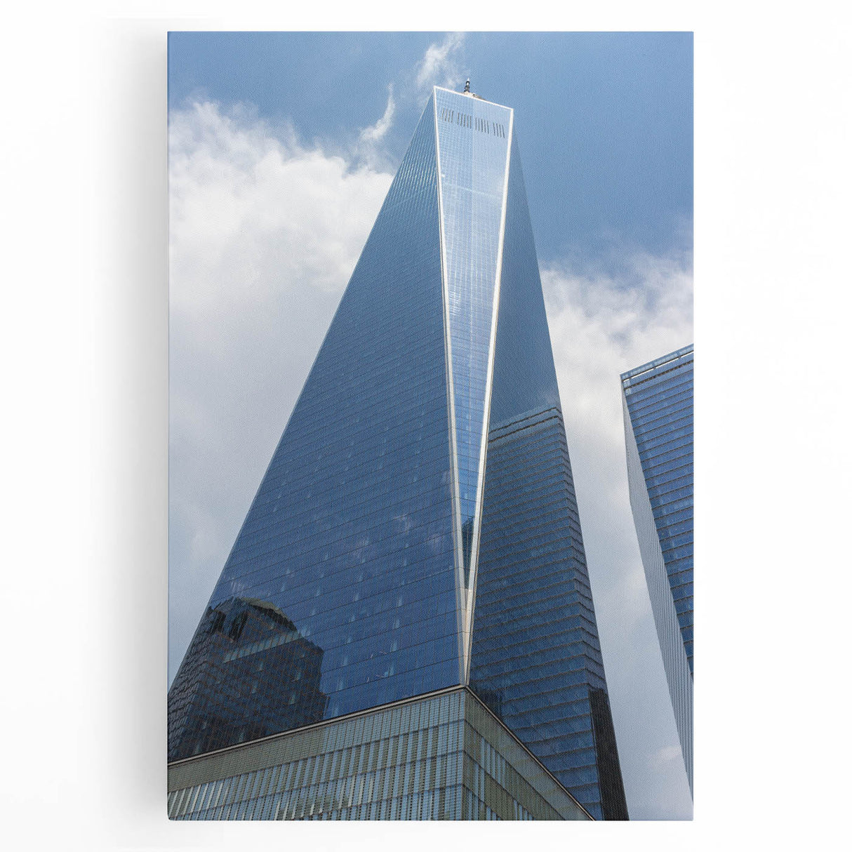 Black and white photo of NYC Trade Center on stretched canvas, suitable as large kitchen wall art.