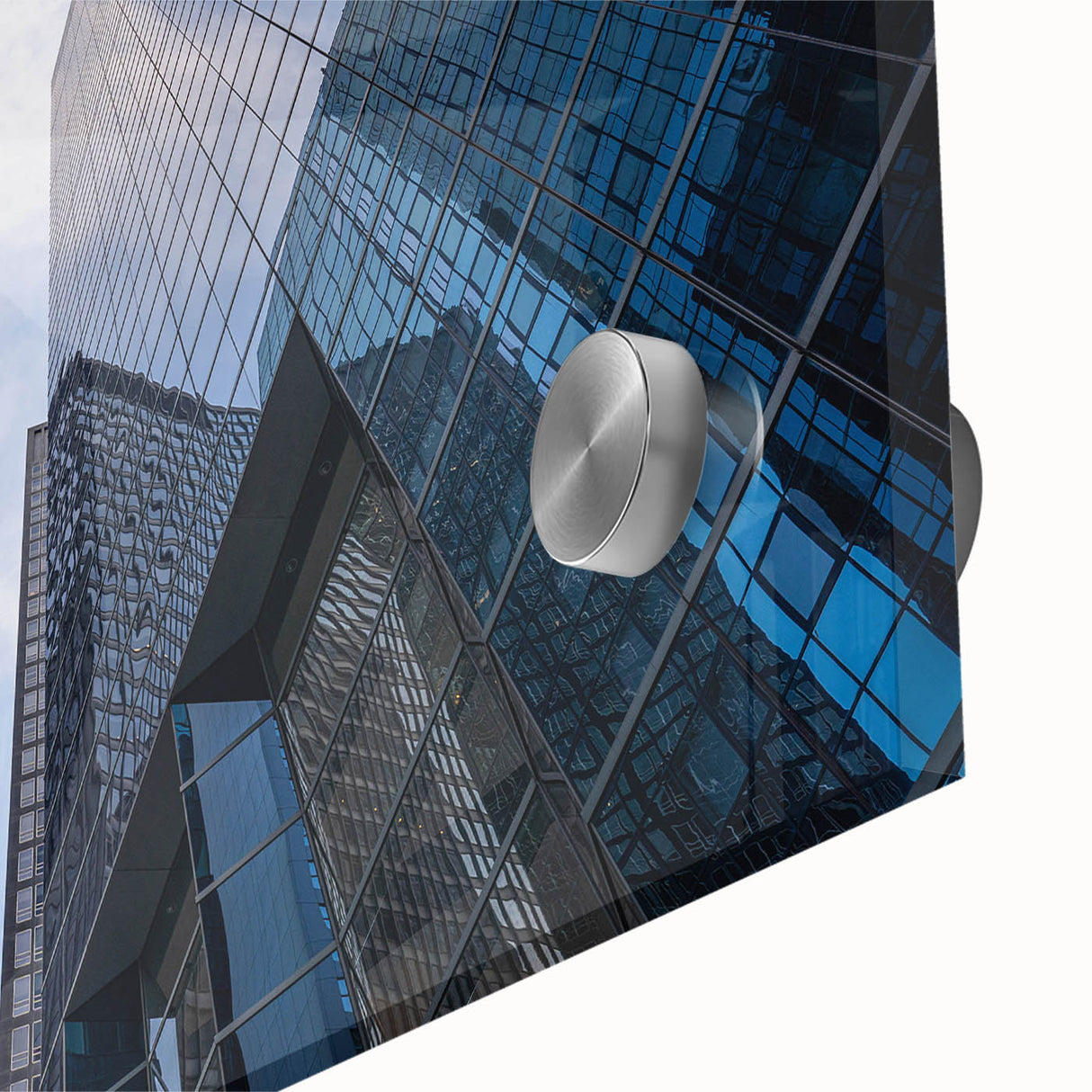 Large abstract depiction of Wall Street in muted gray and blue tones on acrylic glass, ideal for dining room art.