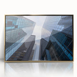 Acrylic print of Wall Street scene rendered in mid-century modernist style with muted gold and gray tones.