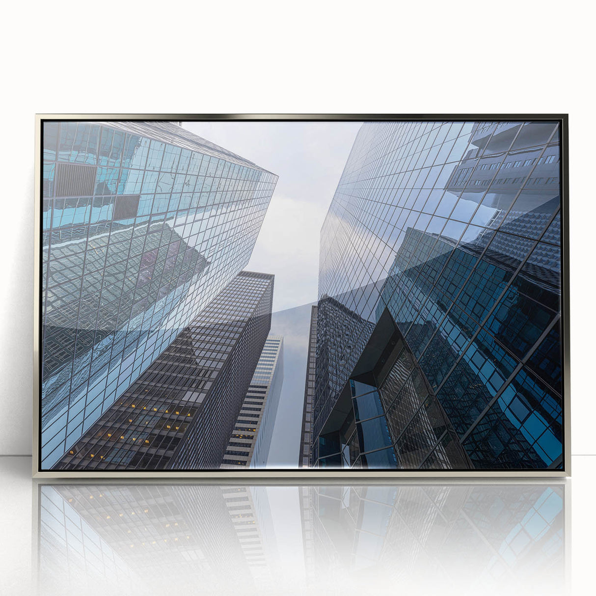 Mid-century modernist art depicting New York's Wall Street in acrylic, framed in silver, suitable for modern art wall decor.