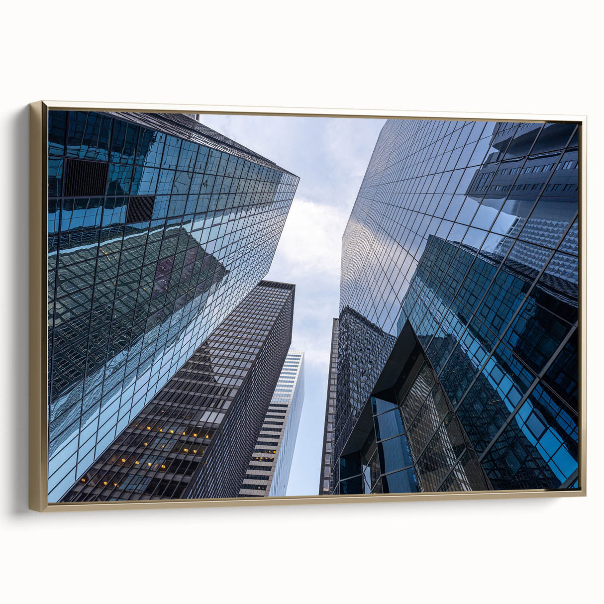 Framed canvas wall art depicting a vintage-style New York City Wall Street scene in black and gold tones.