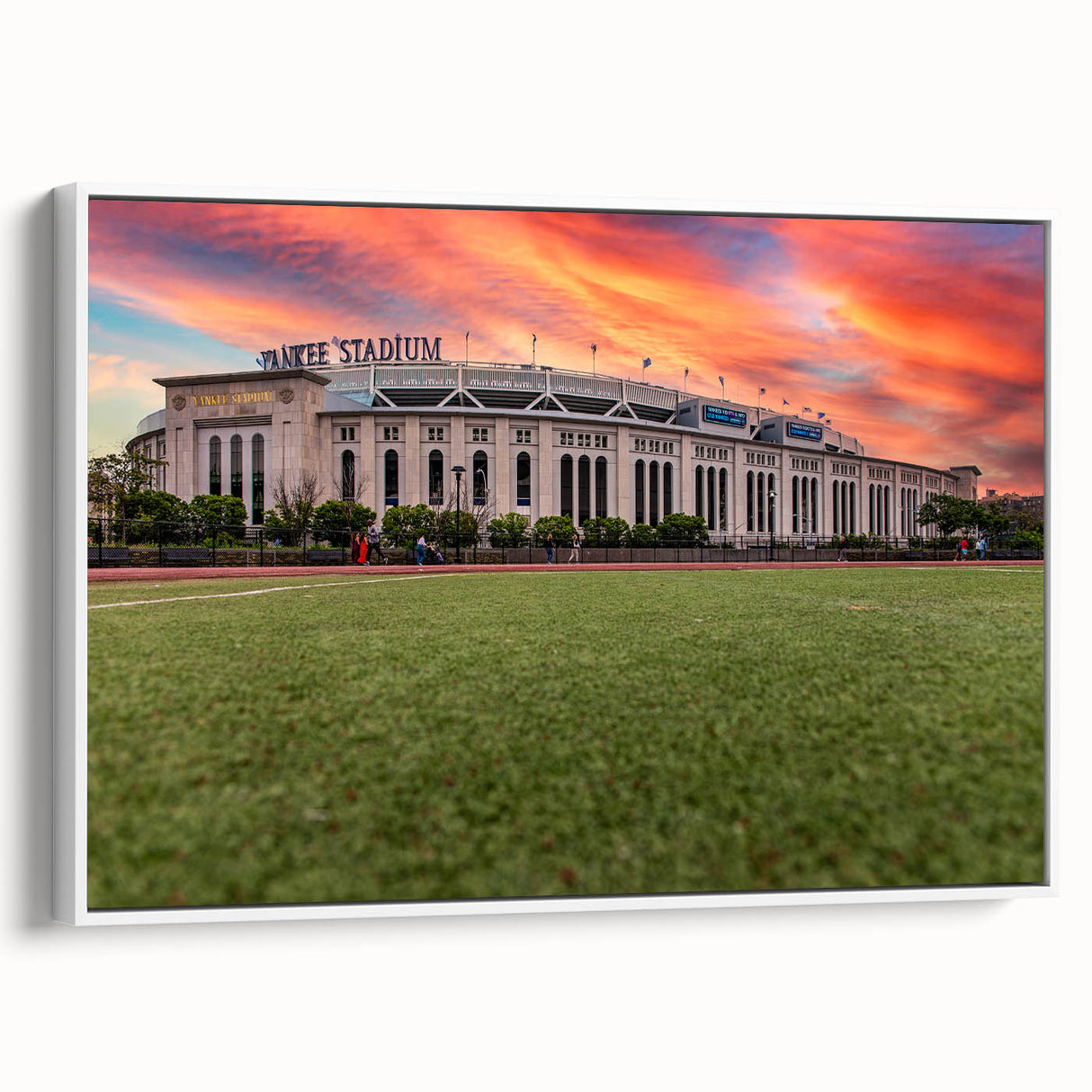 Vintage poster art of New York City with colorful accents on extra large framed canvas, ideal for living room decor.