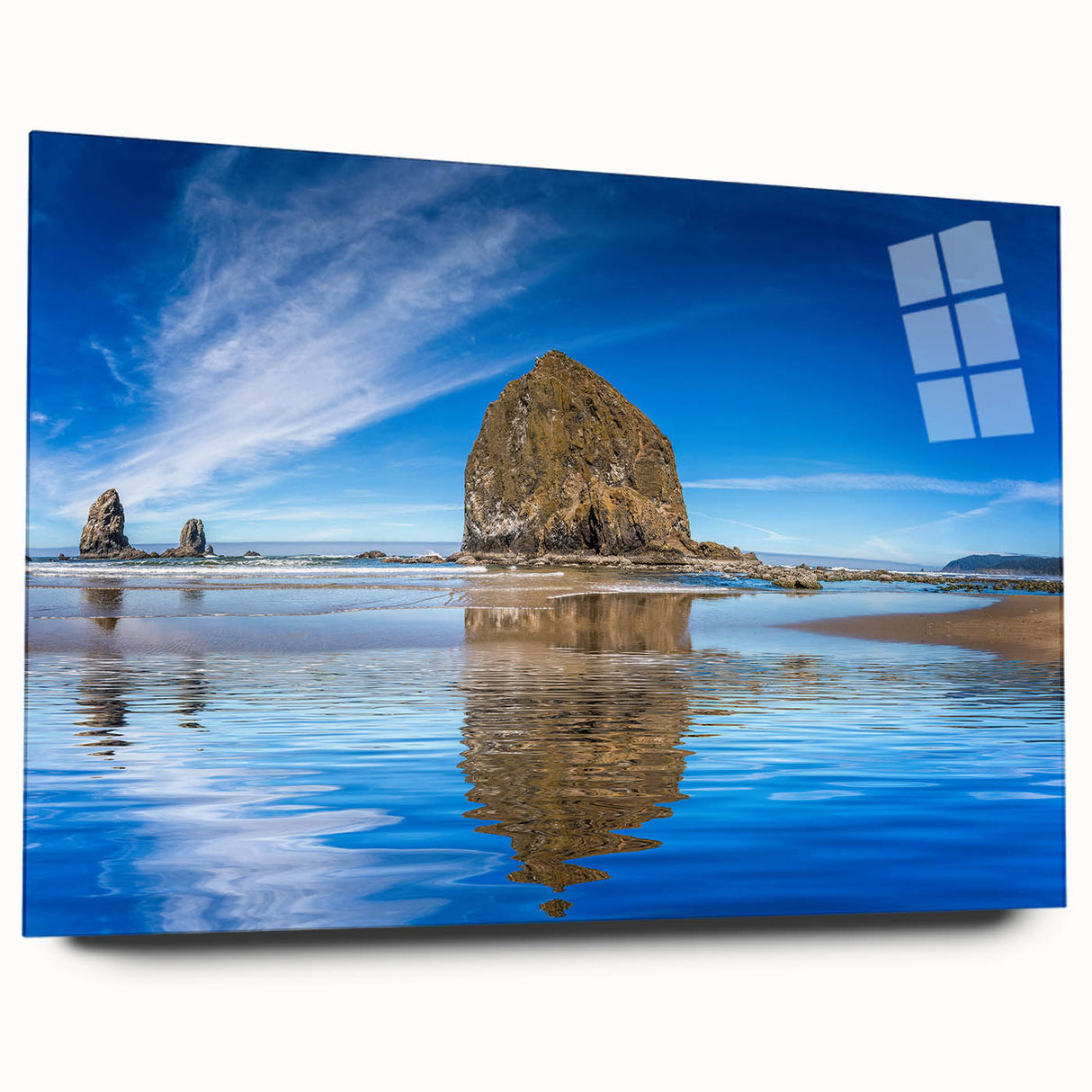 Acrylic print of Cannon Beach, Oregon, with soft pastel hues, ideal for bedroom or dining room art.