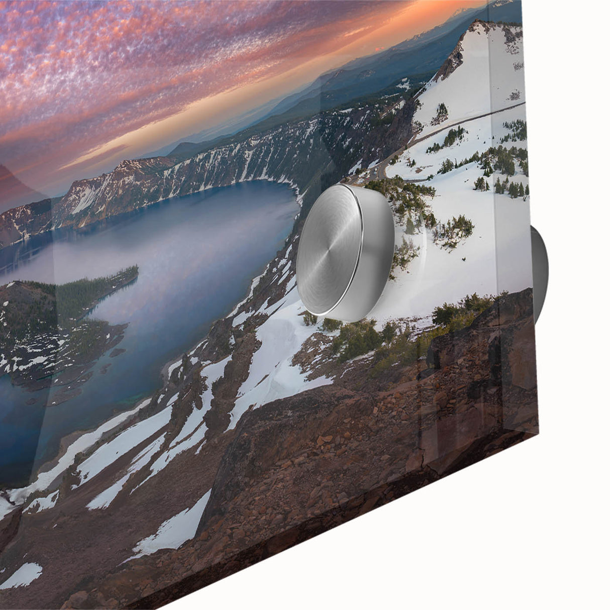 Mid-century modernist acrylic print of Crater Lake with muted blue and green tones, ideal for dining room art.