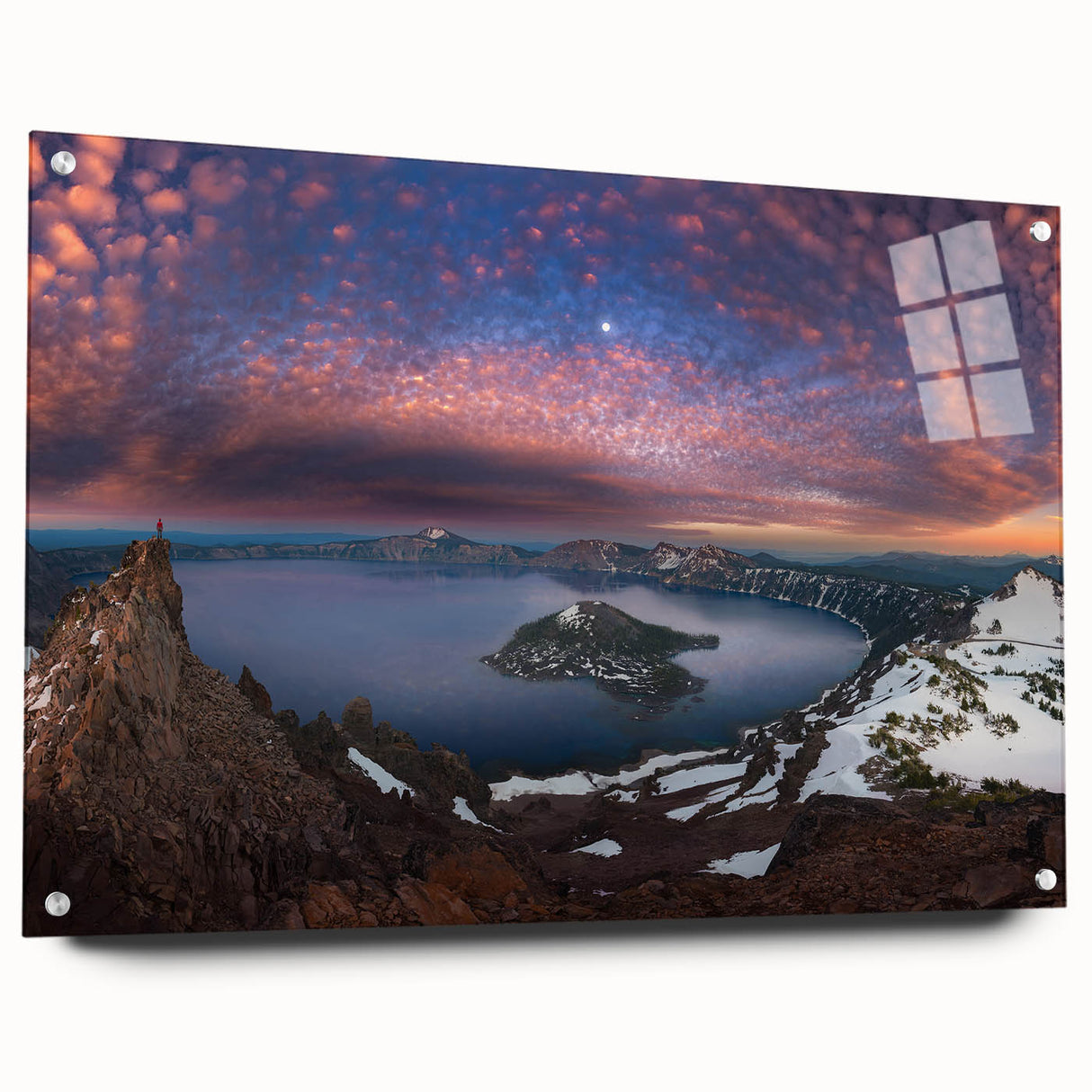 Acrylic print of Crater Lake, Oregon, in vibrant blue tones, suitable for bedroom or dining room decor.