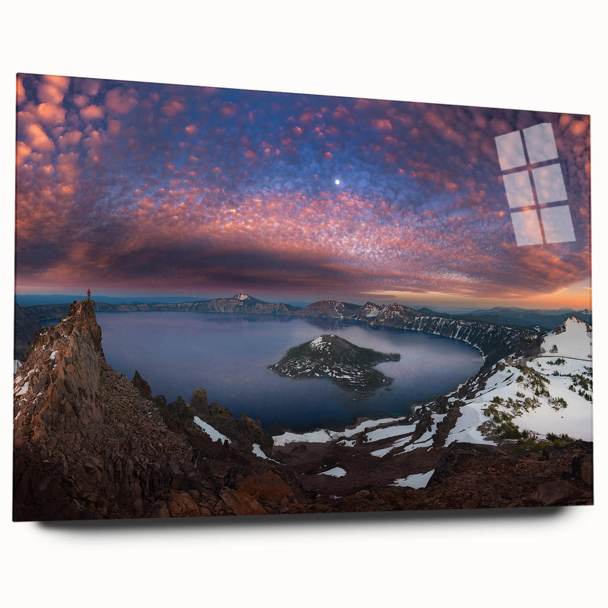 Acrylic print of Crater Lake in Oregon, displaying vivid blue waters and sky, ideal for bedroom or dining room art.