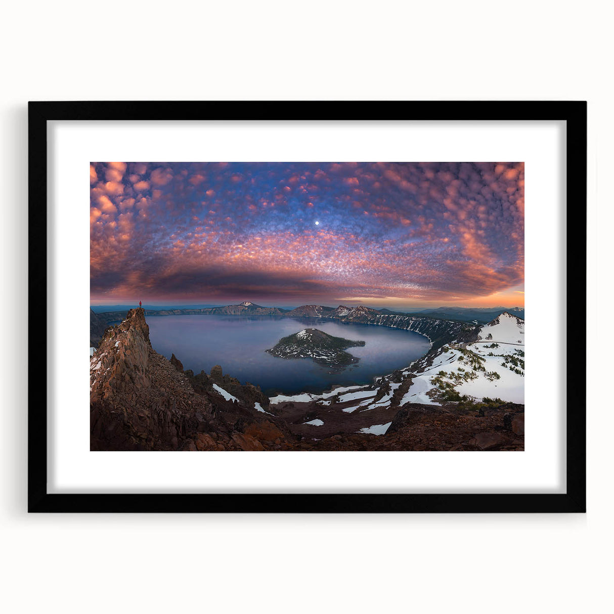 Abstract art print of Crater Lake in vibrant blues and greens on a large textured canvas, framed in black.