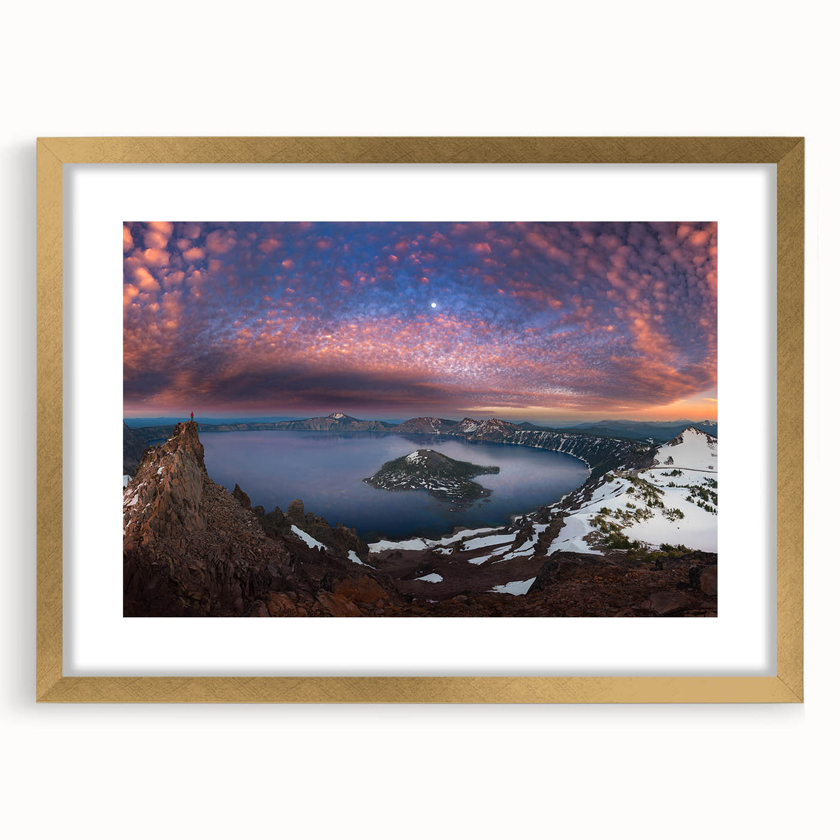 Extra large abstract art print of Crater Lake, Oregon, in vibrant blue tones on a framed canvas, ideal for living room decor.