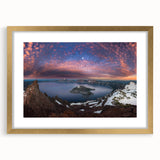 Extra large abstract art print of Crater Lake, Oregon, in vibrant blue tones on a framed canvas, ideal for living room decor.