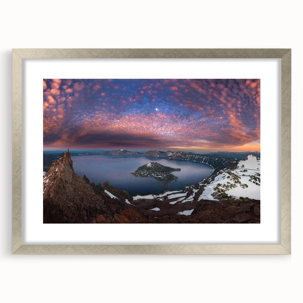 Textured art print of Crater Lake in Oregon, featuring muted blue and green tones on a silver-framed mat.