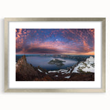 Textured art print of Crater Lake in Oregon, featuring muted blue and green tones on a silver-framed mat.