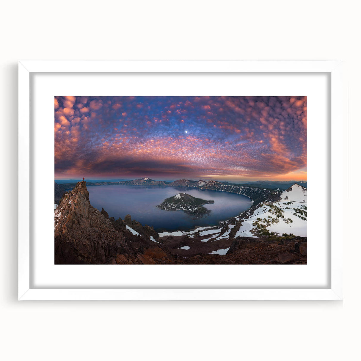 Abstract art print of Crater Lake in muted blue and green tones on a framed white mat.