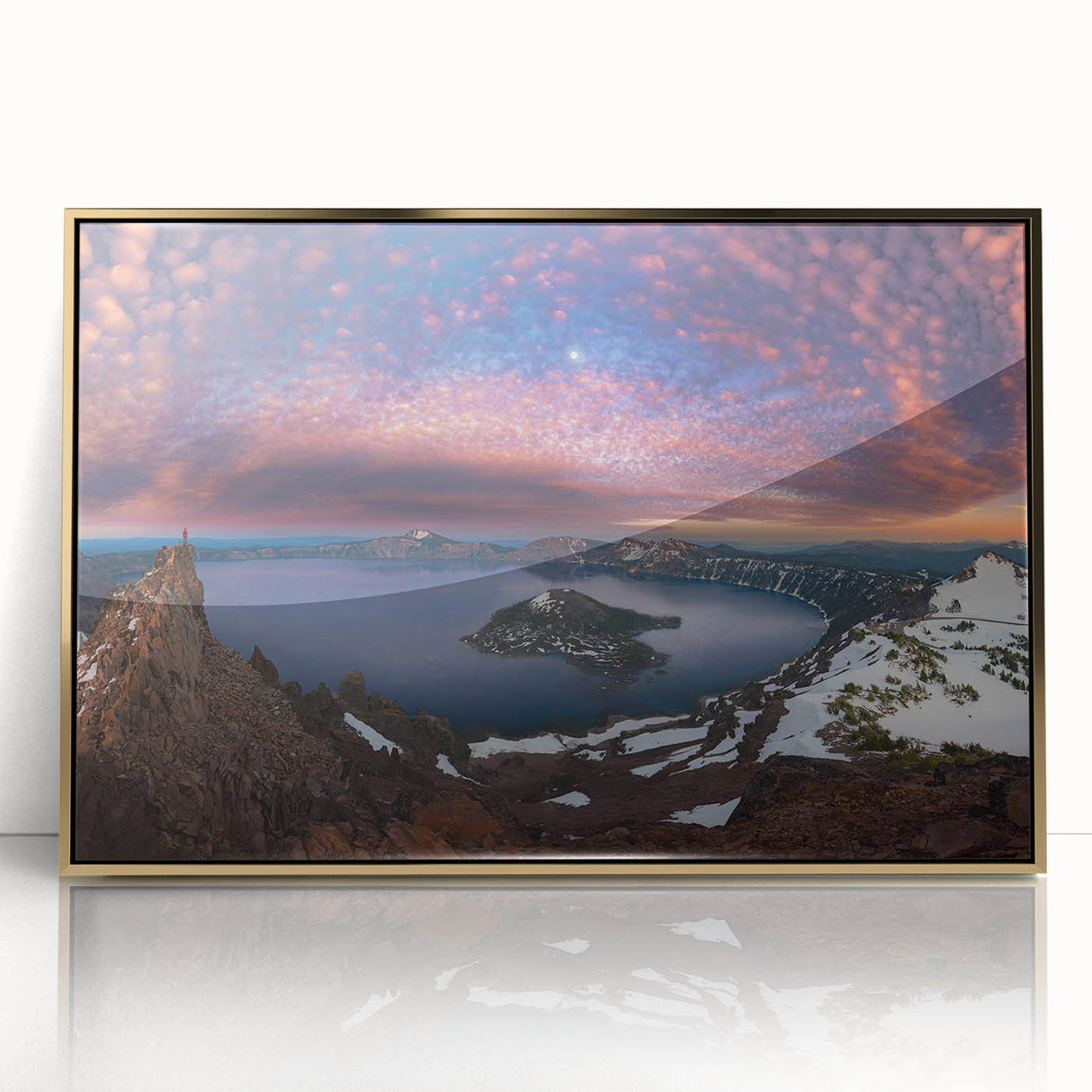 Large acrylic print of Crater Lake with vibrant blue tones in a gold frame, ideal for modern art wall decor.