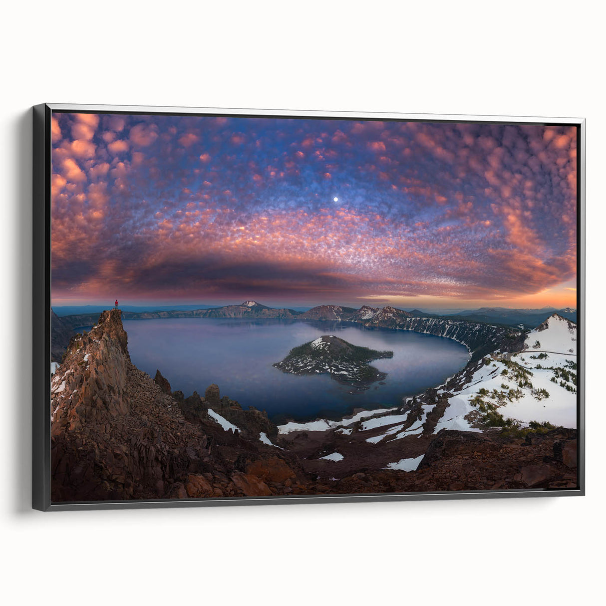 Black and white framed canvas of Crater Lake, Oregon, in a vintage poster art style, ideal for bedroom wall decor.