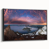Black and white framed canvas of Crater Lake, Oregon, in a vintage poster art style, ideal for bedroom wall decor.