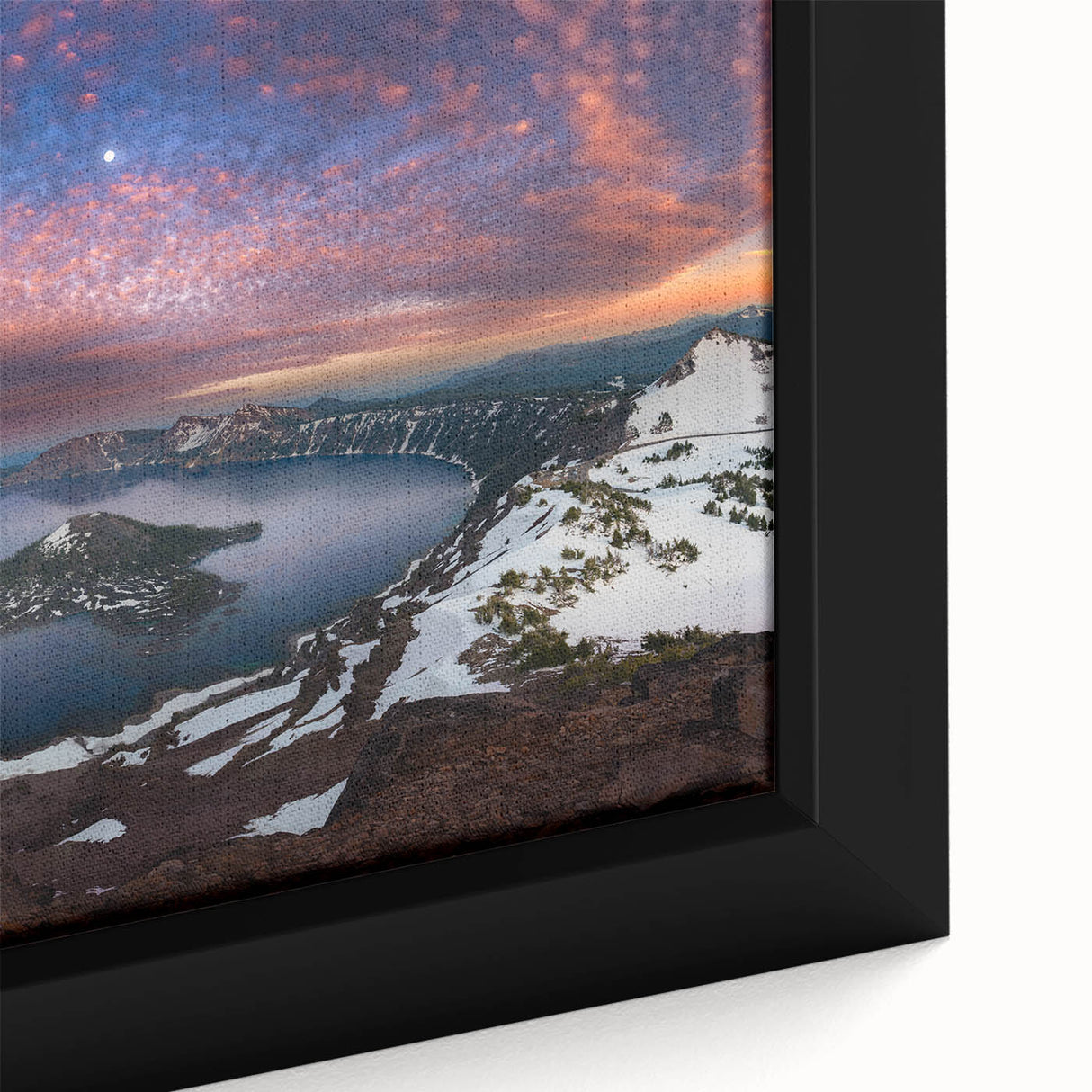 Extra large framed canvas of Crater Lake featuring a textured black foreground with colorful sky.