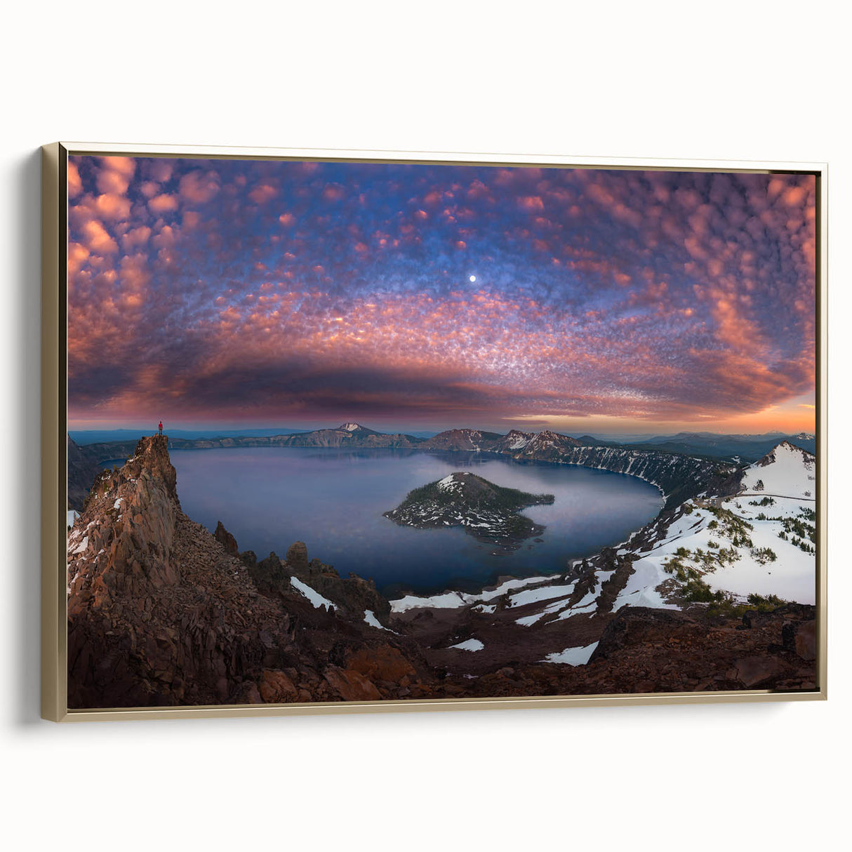 Framed canvas of Crater Lake with vintage-style landscape art in gold and black tones, ideal for bedroom wall decor.