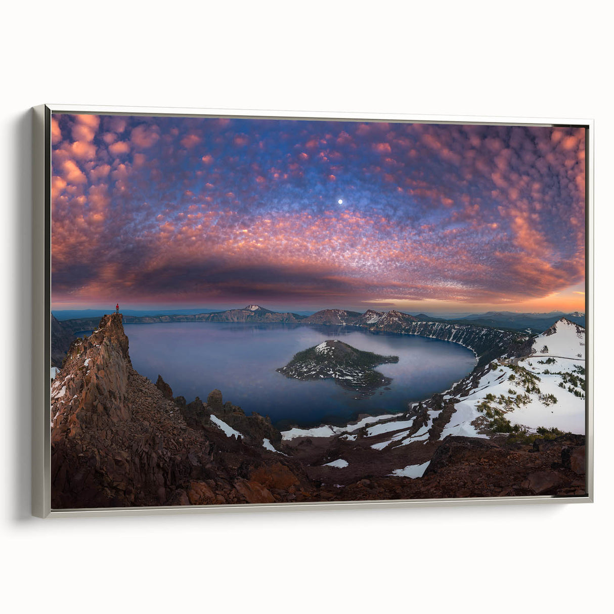 Framed canvas of Crater Lake landscape art painting in vibrant blue and green tones, ideal for living room decor.